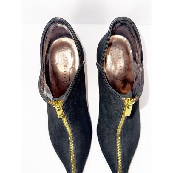 Ted Baker Millae Bootie Heels Black Suede Gold Zipper Stiletto Pointed 38.5/6 - Picture 10 of 16